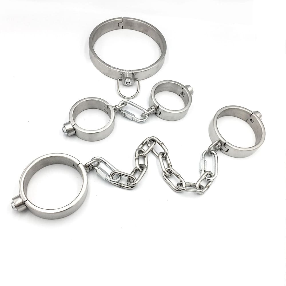 Omnia-Stainless-Steel-BDSM-Set-Locking-Collar-Handcuffs-Ankle-Shackles